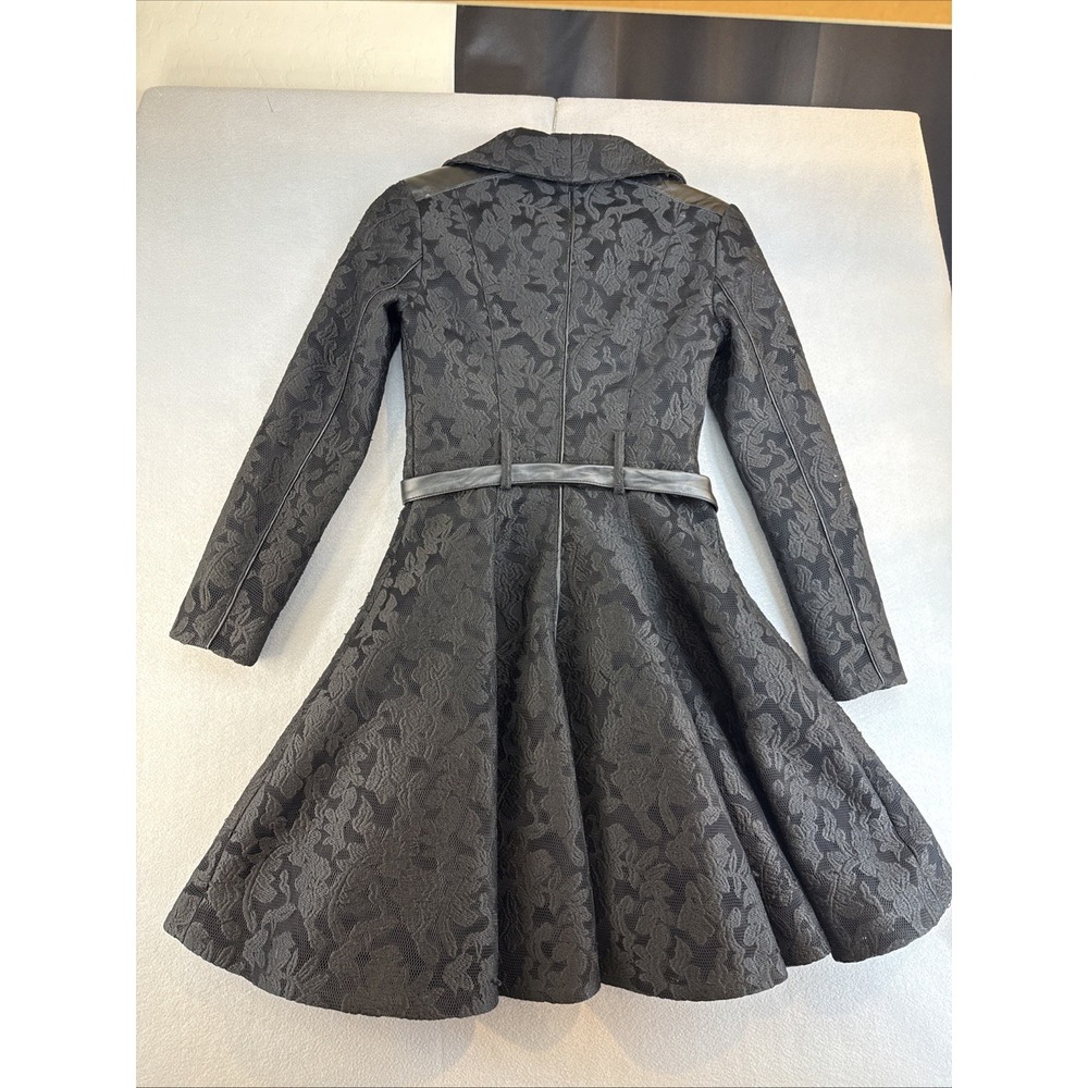 Bebe Black Barquard Fit and Flare Coat Faux Leather Trim Lace XS Asymmetric Zip - Picture 3 of 9